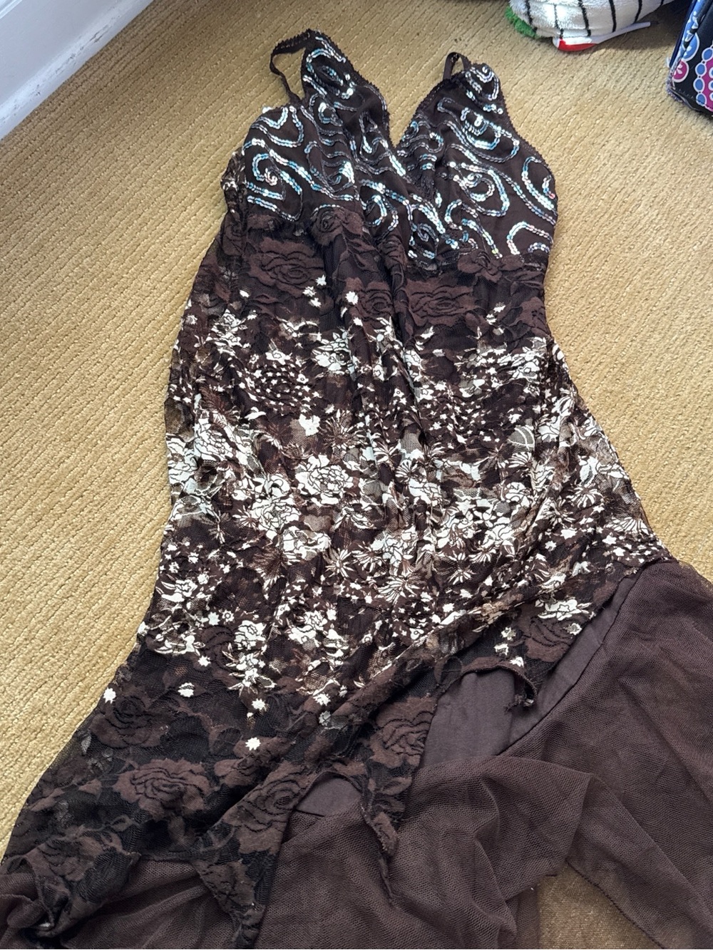 Brown Floral Lace Maxi Dress with Metallic Accents